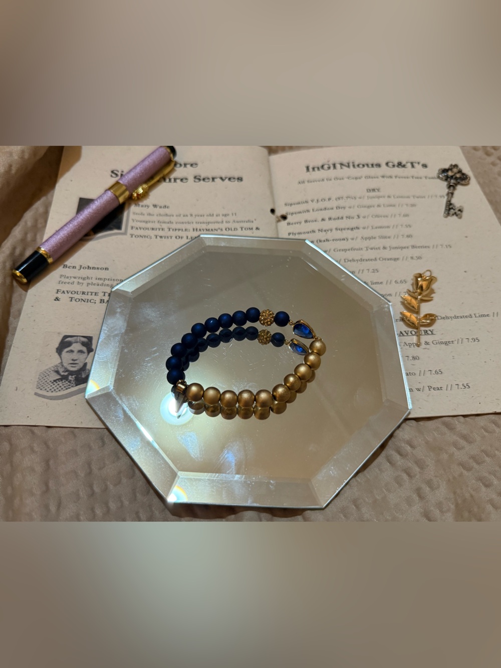 Erimish Navy Blue Gold Beaded Stretch Bracelet Crystal Accent 8”